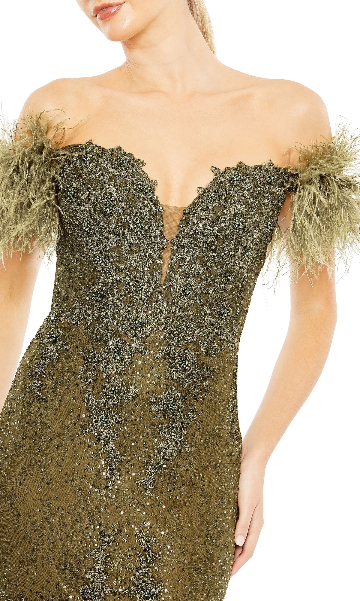 Woman wearing the Mac Duggal 20246 off-shoulder long formal dress in olive green, featuring sequin embellishments, mermaid silhouette, and feathered sleeve details.